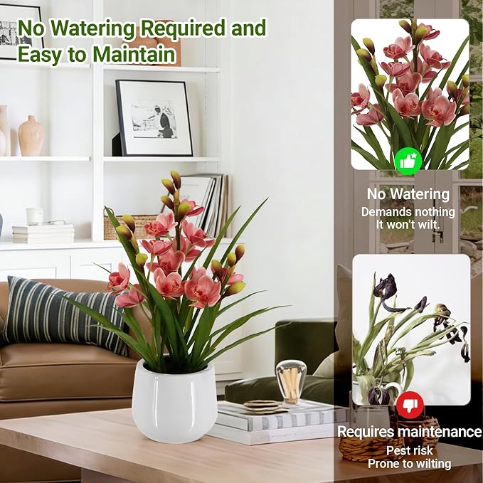 Fake Orchid Plant 19" Tall, Realistic Touch Leaves, Potted Cymbidium Artificial Plants Indoor for Home Decor Small Office Home Living Room-Pink