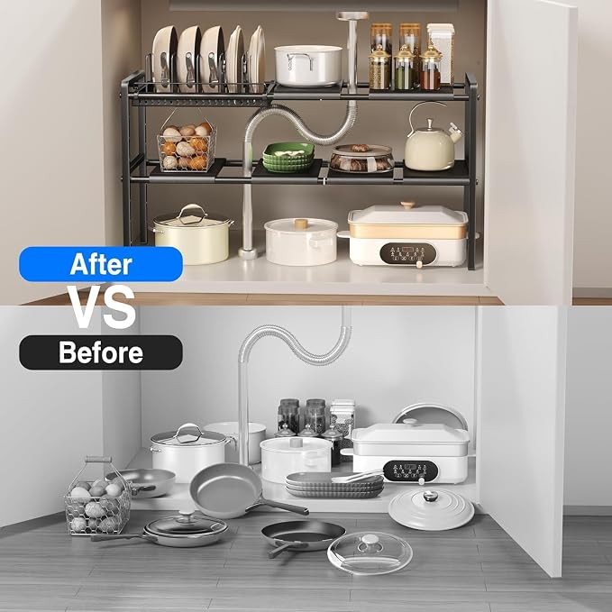 Mustorn Pots and Pans Organizer Under Cabinet, Expandable 2 Tier Under Sink Organizers and Storage Adjustable Height Kitchen Pot and Pan Lid Holder Rack with 6 Dividers(6panels,1 Pot rack, Black)