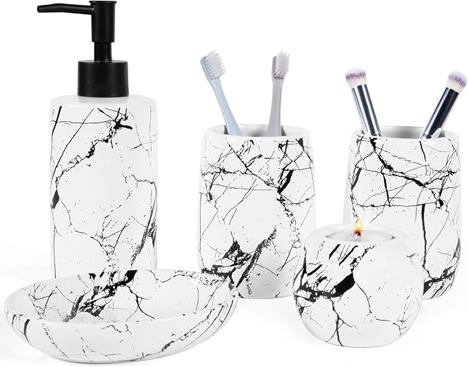 Ceramic Bathroom Accessory Set, 5-Piece Bathroom Accessory Set, Soap Dish, Toothbrush Holder, Soap Dispenser, Bathroom Tumbler & Candle Holder - Modern Bathroom Organizer, (White & Black)