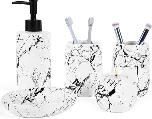 Ceramic Bathroom Accessory Set, 5-Piece Bathroom Accessory Set, Soap Dish, Toothbrush Holder, Soap Dispenser, Bathroom Tumbler & Candle Holder - Modern Bathroom Organizer, (White & Black)