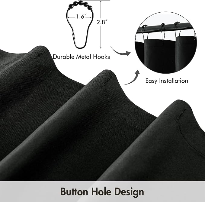 ANRODUO Black Linen Textured Fabric Shower Curtain Set - W72xL84 | Farmhouse Shower Curtain with 12 Metal Hooks, Waterproof Heavy Duty, Button Hole Design, Machine Washable for Bathroom