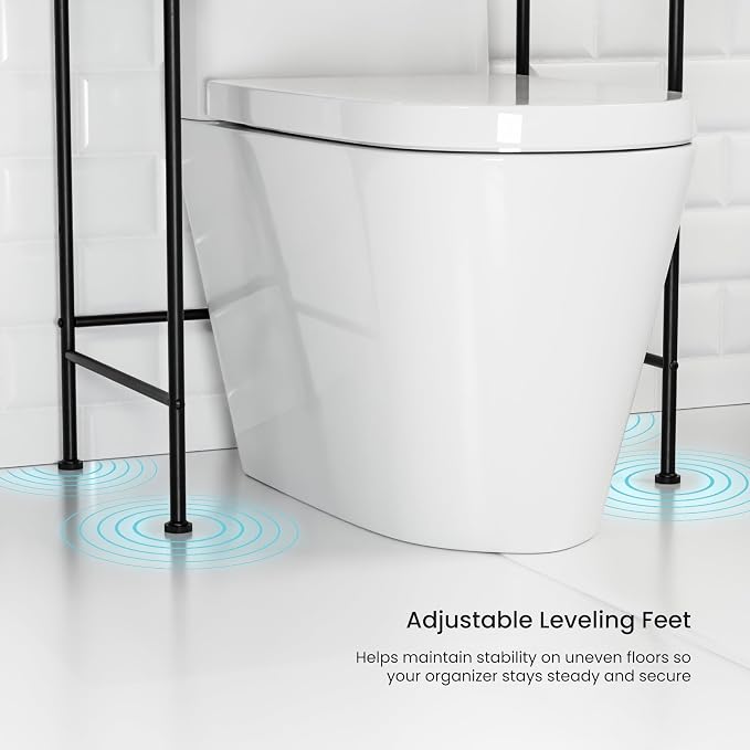 Home Zone Living Over-the-Toilet Bathroom Storage Cabinet Organizer | Freestanding Steel Frame Design with 3-Tier Shelves, Wide Stabilizing Base and Adjustable Feet, Black