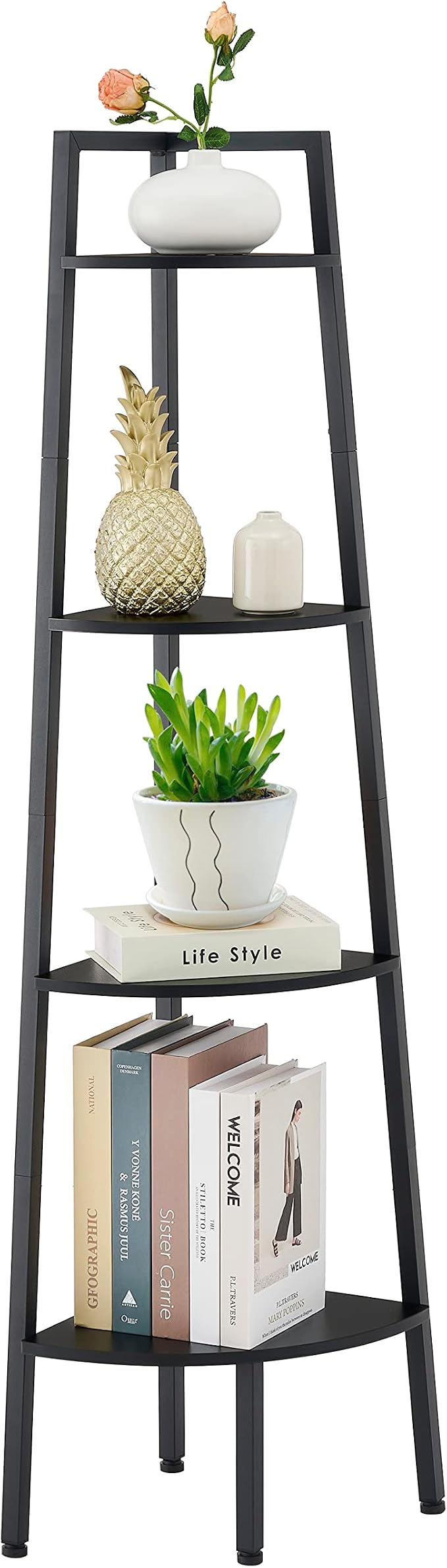 Hoctieon Corner Shelf, 4-Tier Corner Bookshelf, Rustic Ladder Shelf, Industrial Display Stand for Living Room, Kitchen, Home Office, Balcony, Small Space, Metal Frame, Black