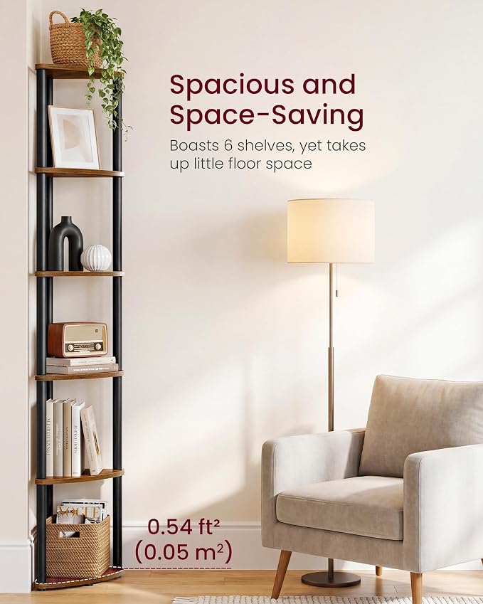 VASAGLE Corner Shelf, Superfast Toolless Assembly, 6-Tier Corner Standing Shelf, Corner Shelf Stand, Living Room, Bedroom, Kitchen, 15.1 x 10.6 x 68.3 Inches, Rustic Brown ULBC660KD02
