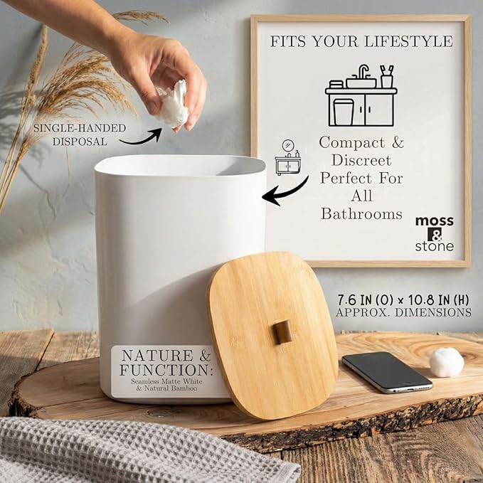 Moss & Stone 6-Pcs White & Bamboo Bathroom Accessories Set, Soap Dispenser | Modern Plastic Bathroom Set with Toothbrush Holder, Soap Dish, Cup & Trash Can for Countertop Organization and Bathroom Decor
