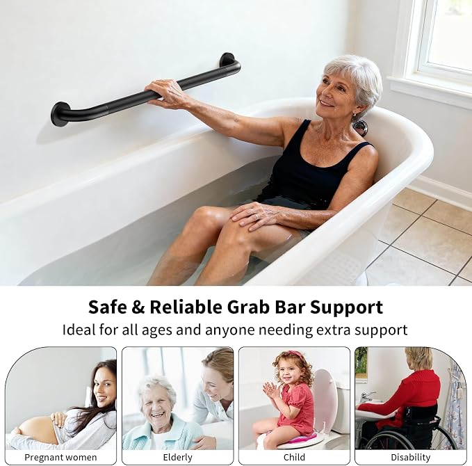 ZUEXT 32 Inch Matte Black Anti Slip Shower Grab Bar with Knurled Grip | Bathroom Balance Support Rail, Assist Handle for Handicap Seniors, Wall Mount Stainless Steel Bath Safety Handrail, 1.25" Dia