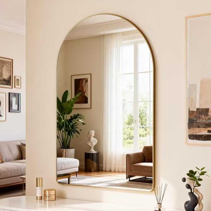 Arched Bathroom Mirror 30"x40", Gold, Tempered Glass | arch bathroom mirror gold wall mounted vanity tempered glass metal frame bedroom entryway living room