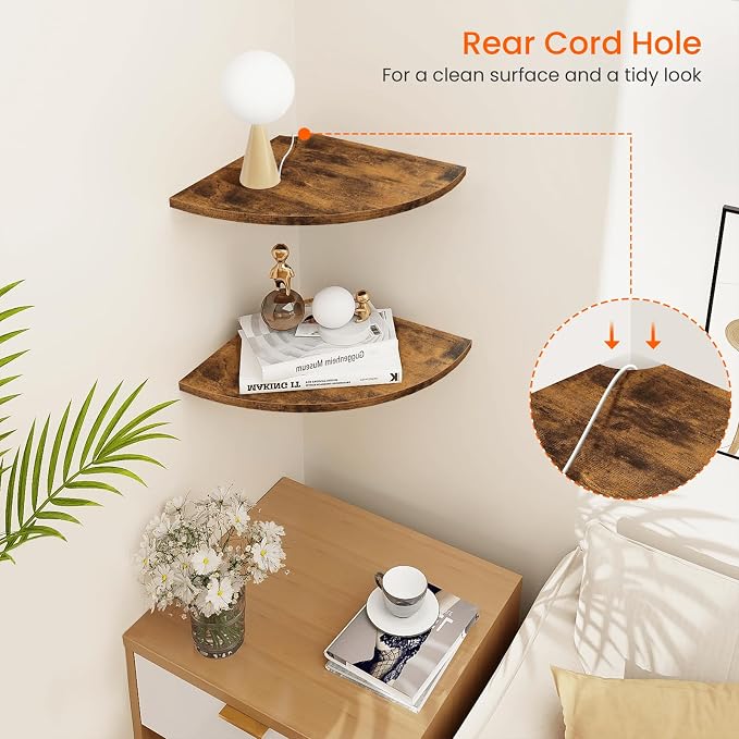 Corner Shelf Wall Mount, 12 Inch Wood Floating Corner Shelves with Cord Hole, Set of 2 Large Corner Hanging Shelves for Bathroom Bedroom Kitchen, Rustic Brown