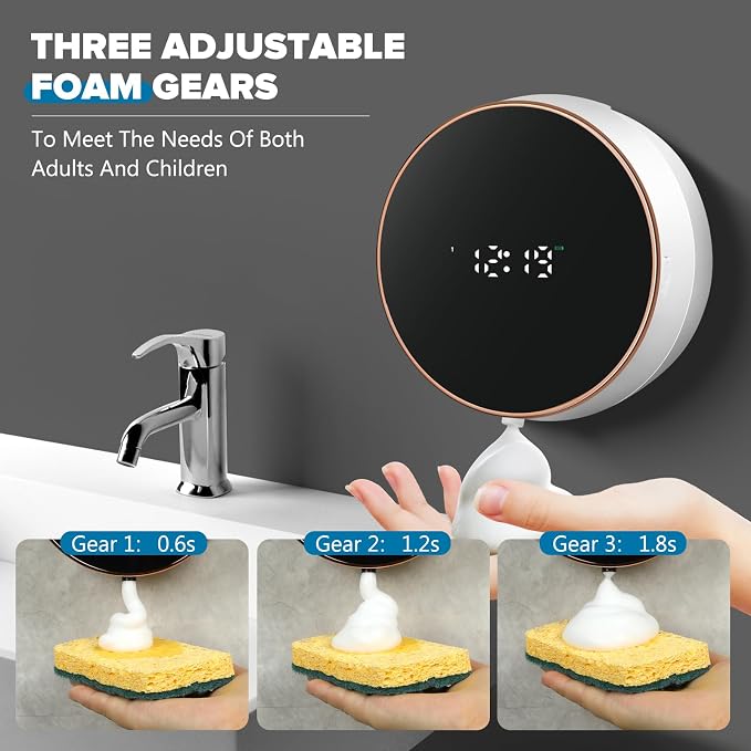 Monstake Automatic Soap Dispenser, Touchless Rechargeable Wall Mount | Smart Display, 3 Gears Adjustable Foam Hand Dish Soap Dispenser for Kitchen Sink Bathroom White