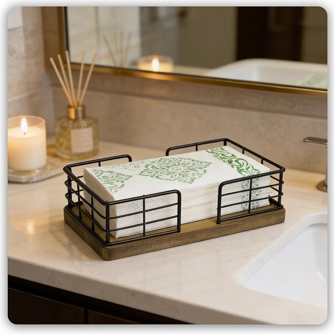 Kordory Wooden Disposable Guest Towel Holder Tray for Bathroom, Home | Bamboo Counter Rectangular Bathroom Napkin Holder for Ktichen, Disposable Hand Towel Holder Tray-Light Brown
