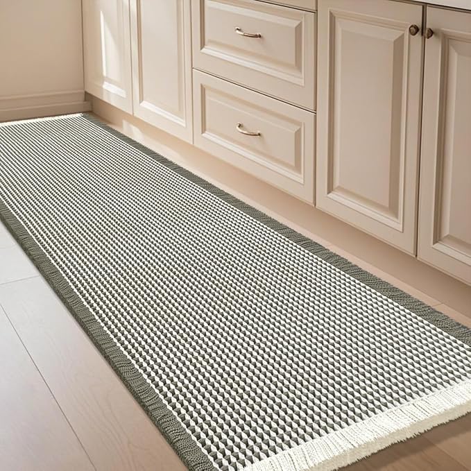 Waffle Bath Mat Green & Cream 5'x2', Boho Woven Modern Bath Mat Rugs, Absorbent Non Slip Bathroom Rugs, Soft Washable Bath Rugs with Tassels for Bathroom, Bedroom, Kitchen, Shower, Tub