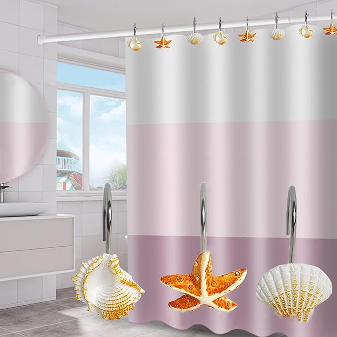 Seashell Shower Curtain Hooks 12pcs Beach Shower Curtain Rings Bath Shower Hooks Rust Proof Curtain Hangers Coastal Bathroom Accessories Decor