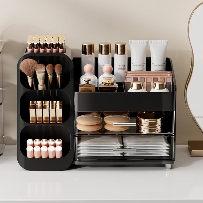 UFORU Makeup Organizer Countertop with Brush Holder for Vanity Bathroom | Large Capacity, Thickened Plastic, 2 Clear Drawers, Compact Size, Detachable Brush Holder, Divided Compartments, Easy Access