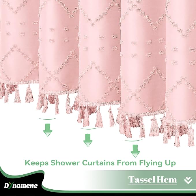 Extra Long Boho Shower Curtain Tufted Geometric 72"x96" Pink | 96 Inch Tall, Elegant Tassel, Lightweight Textured Fabric, Water Repellent, Washable, Hotel Spa, for Bathroom/Dorm 12 Hooks