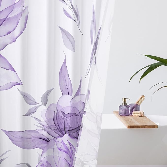 Litabel Purple and Grey Boho Watercolor Floral Shower Curtain, Ink Painting Style Blossom & Leaf Shower Curtains for Chic Elegant Bathroom, Artistic Fabric Cloth Flower Shower Curtain, 72x72