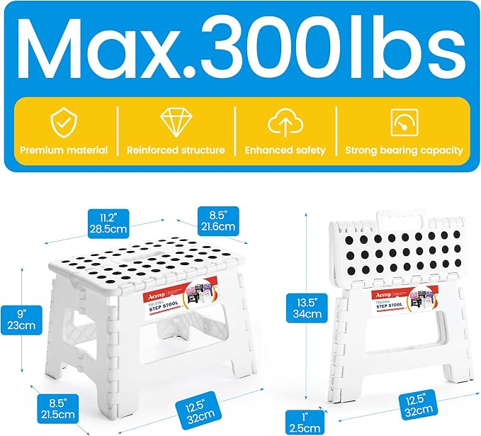 9 Inch Folding Step Stool for Kids and Adults, Holds 300 lb, White | Heavy Duty Foldable Stools, Lightweight, Non-Slip, for Toddler, for Kitchen Bathroom Bedroom Outdoor, Collapsible with Handle