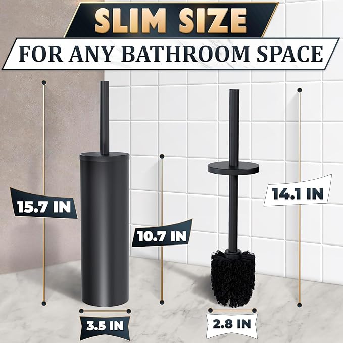 Toilet Brush and Holder Set, Stainless Steel Material (Black) | Matte Black Toilet Brush with Holder Set, Splash Protection & Dense Bristles for Bathroom Cleaning, Protection from Splashes