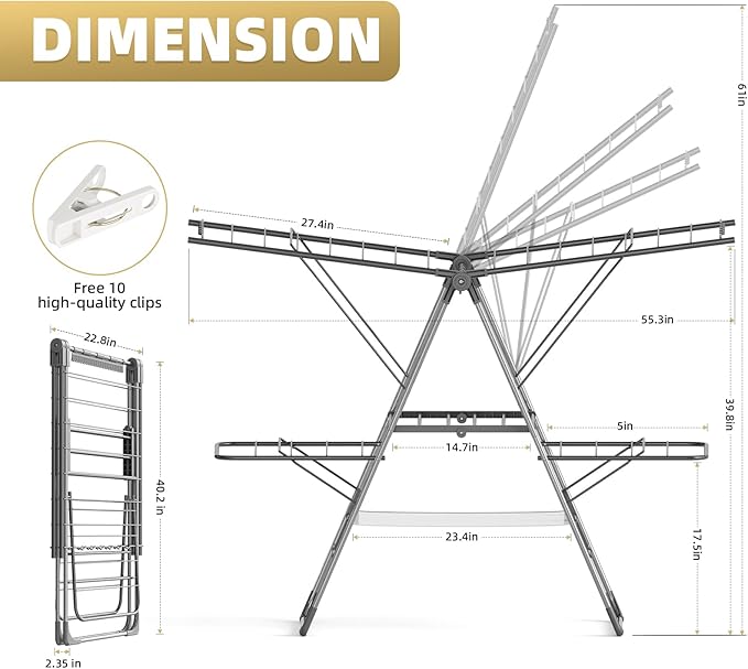 Clothes Drying Rack Foldable, 2-Tier Stainless Steel Heavy Duty Laundry Rack with Adjustable Height Wings, Sock Clips, Space Saving Drying Rack Clothing for Indoor & Outdoor, Apartment, Balcony