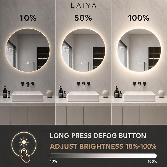 LAIYA 32 Inch Round LED Bathroom Mirror Frameless Backlit Anti-Fog Dimmable | Touch control, 24V IP65 strip, CRI 95+, 3000K-6000K colors, 10%-100%, memory, 5mm copper-free glass, 3-5 min defog, wall kit.