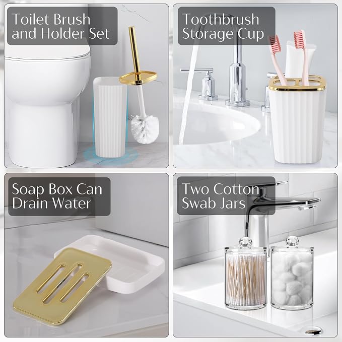 17PCS Bathroom Accessory Set Bathroom Set White and Gold Bathroom Accessories,Toilet Brush, Trash Can, Qtip Holder Dispenser& 3PCS Soap Dispenser