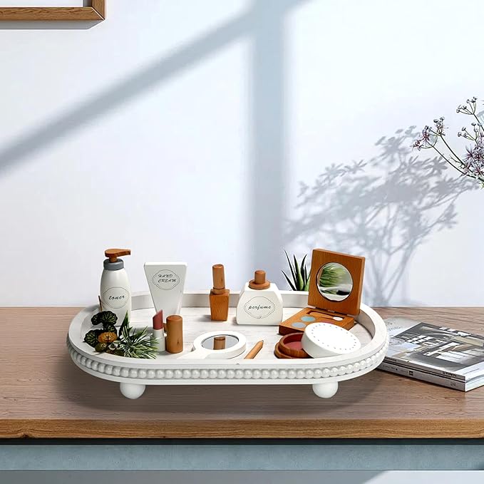Wooden Beaded White Oval Decorative Tray for Home Office Coffee Bar | Rustic Wood Serving Trays for Coffee Table Farmhouse Centerpieces for Living Room Kitchen Counter (White Oval)
