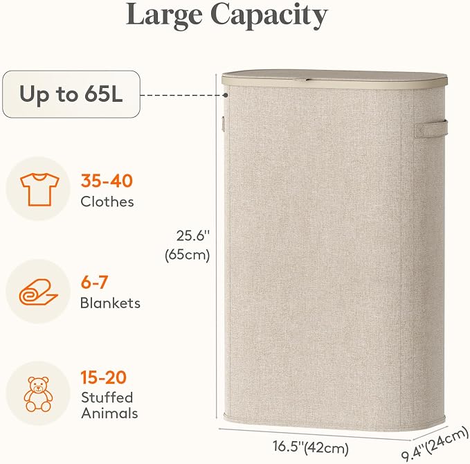 Lifewit Slim Laundry Basket with Lid and Removable Bag, 65L, Beige | Plastic Handles, Collapsible Narrow Laundry Hamper, Tall Skinny Laundry Bin, Clothes Hamper for Laundry, Bedroom, RV, Dorm