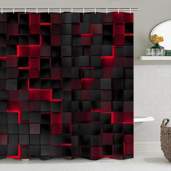 LQCOOL 4Pcs Shower Curtain Set with Rugs, Modern Bathroom Set Black Red | Waterproof Polyester & Soft Flannel.12 Hooks,Toilet Lid Cover & U-Shaped Mat for Modern Bathrooms/Families