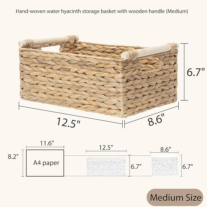 Rectangle Water hyacinth wicker storage basket Organizer(Medium) | Handwoven Shelf basket with Wooden Handles for Pantry & Closet