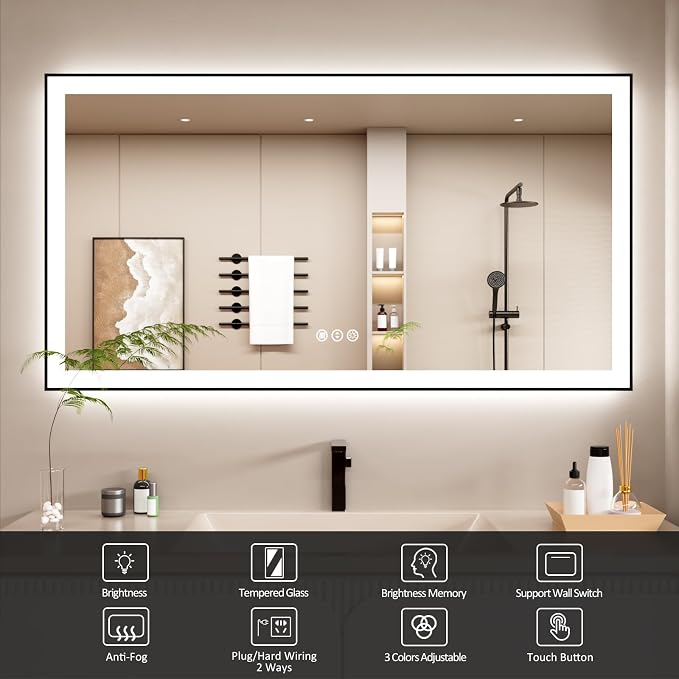 72x32 Inch LED Bathroom Mirror with Black Frame | Black Metal Frame, Front and Backlit, 3 Colors, Dimmable, Memory, Anti Fog, Tempered Glass, Lighted Mirror for Wall
