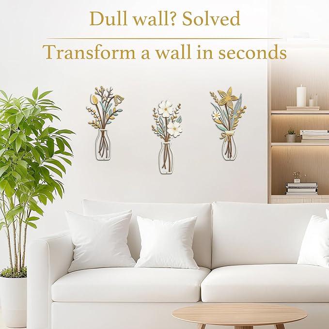 3 Piece Metal Flower Wall Art for Bedroom Living Room Rustic Farmhouse Floral Wall Decor for Bathroom Dining Room Boho Home Decorations Modern Minimalism Walls Hanging Sculptures(Gold Yellow White)