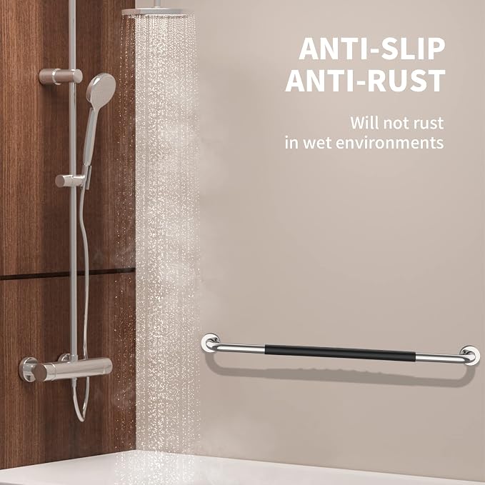 36 Inch Shower Grab Bar Anti Slip Rubber Grip, Munzong Bath Support Bar | Stainless Steel Bathroom Grab Bar Chrome Bathroom Balance Bar Safety Handrail Support Handicap Injury Elderly Senior