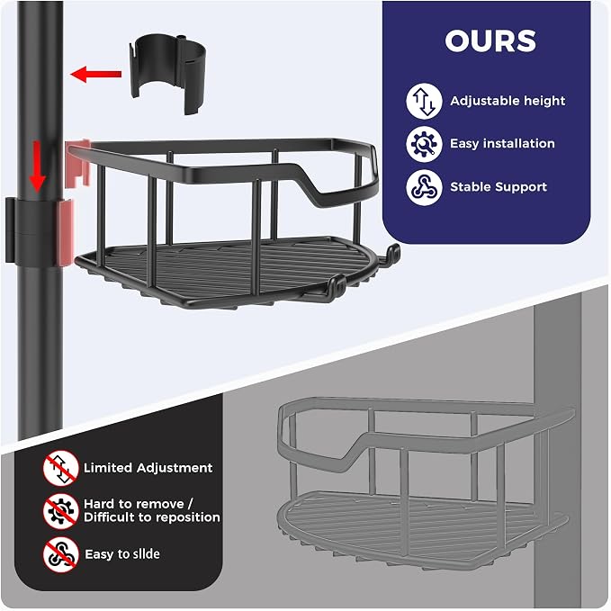 Corner Shower Caddy Tension Pole, 4-Tier Fan-Shaped Adjustable Rustproof Bathroom Organizer Shelves, 47"-125'', No-Drill Quick Installation for Inside Shower, Bathtub, Black (BLACK)