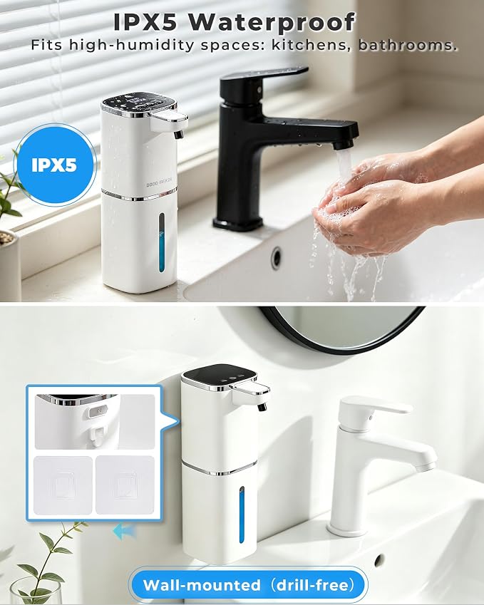 2 Pack Automatic Liquid Soap Dispenser, USB Rechargeable | , 13.5oz/400mL, 9-Adjustable Liquid Levels, IPX5 Waterproof, Touchless & Wall/Tabletop Use for Kitchen Bathroom, White