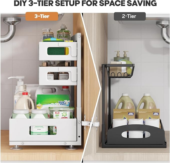 2 Pack 19IN-Depth Under Sink Organizer,Pull Out Cabinet Organizer With Smooth Cylindrical Rail,Metal Slide Out Drawer for Kitchen Bathroom Laundry,8-Level Tool Free Height Adjustable-White