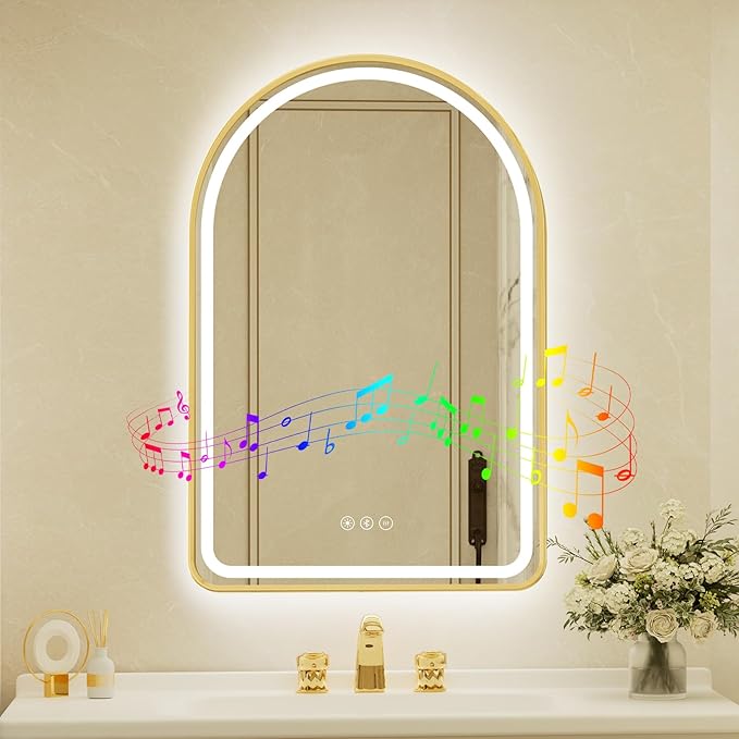 26x40 Inch Arched Gold Framed LED Bathroom Mirror with Lights, Built-in Bluetooth Speaker,Tempered Glass,Dimmable Lighted Bathroom Vanity Mirror with 3 Colors, Backlit + Frontlit, Memory, Anti-Fog