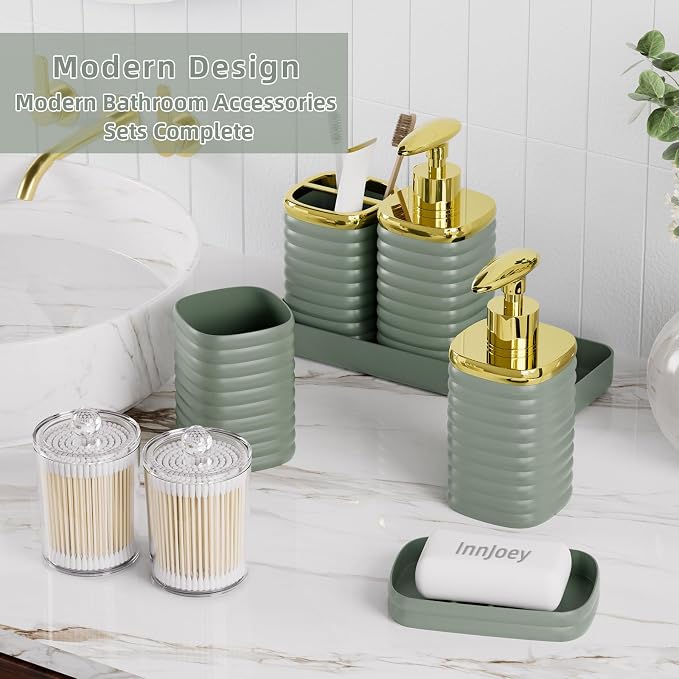 Bathroom Set - 10PC Bathroom Accessory Set, Sage Green Bathroom Set, Luxury Bathroom Accessories Set, Trash Can, Toilet Brush, Soap Dish, Qtip Holder & Soap Dispenser