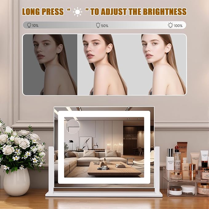 Rechargeable Vanity Mirror with Lights, 3000mAH Battery, 16"×12" LED Makeup Mirror, 10X Magnification, Smart Touch with 3-Color Lighting, 360° Rotation, Lighted Up for Makeup Desk, Bedroom (White)