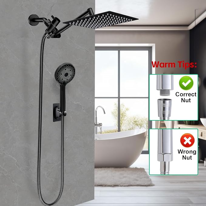 Shower Head,10”Rain Shower Head with Handheld Spray Combo and Adjustable Extension Arm/3-Way Flow Regulator/Shower System,High Pressure Rain Fall Hose,Matt Black