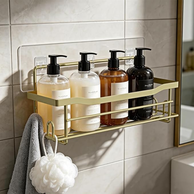 Shower Caddy Shelves Organizer Rack, Single Pack Shower Shelf, Caddies for Shampoo Soap Bathroom Waterproof Adhesive Holder, No Drilling Wall Mounted Self, Matte Gold