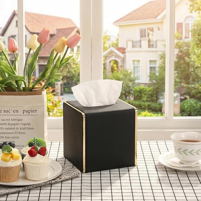 Sumnacon PU Square Tissue Box Cover, Magnetic Bottom, Waterproof, Black | Stylish Cube Tissue Box Holder with Gold Edging Fits Vanity, Toilet Tank, Dresser, Nightstand, Table, Countertop, Office, Car