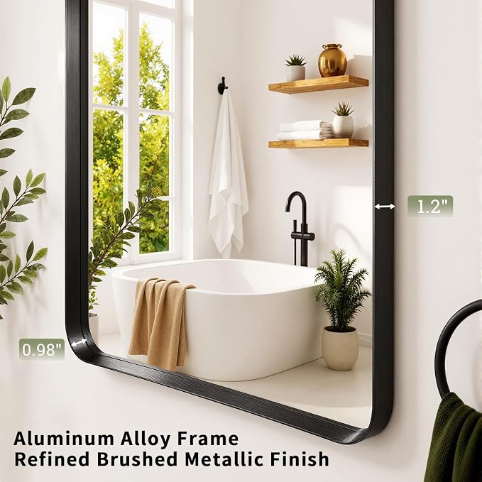 Koonmi 30x55 Inch Black Bathroom Mirror for Over Sink | Wall Mirror for Bathroom Matte Rectangle Metal Deep Framed, Shatterproof Tempered Glass, Hang Vertically or Horizontally
