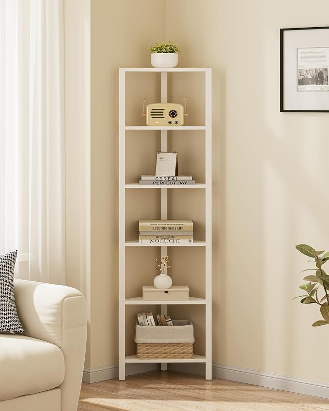 TUTOTAK 6-Tier Corner Bookshelf, Corner Shelf for Small Space | Narrow Display Corner Shelf Stand with Storage Rack, for Living Room, Bedroom, White BS05BW006