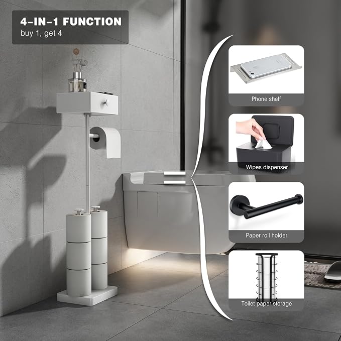 VOLDRA Toilet Paper Holder Stand with Shelf, Free Standing Toilet Paper Roll Holder with Wipes Storage Drawer Heavy Duty Floor Bathroom Tissue Holder Freestanding No Drill Tp Holder for 7 Rolls(White)