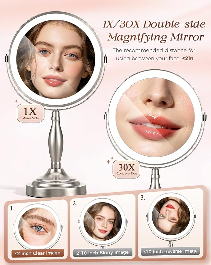 Makeup Mirror with Lights, 1X/30X Double Side Lighted Magnifying Mirror | 8'', 5000mAh Rechargeable Adjustable Brightness with 3 Colors, Side Touch & Side Charging with Adapter, Brushed Nickel