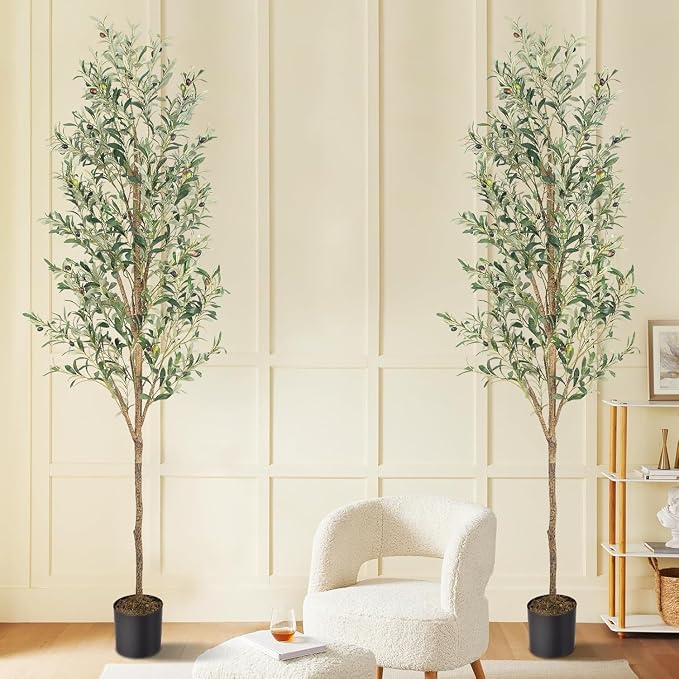 Artificial Fake Olive Tree 7FT 2Pack Faux Olive Tree for Home Decor | Faux Artificial Plants Indoor Fake Potted Plants with Natural Olive Branches and Realistic Leaves for Living Room Decor