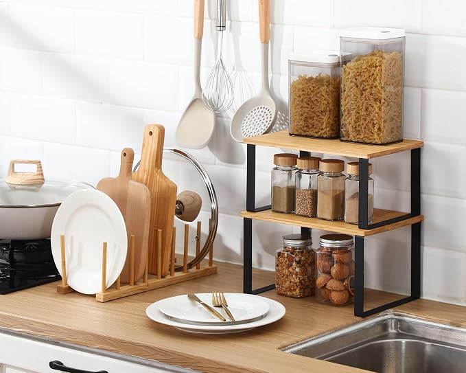 Marsui 4 Pcs Kitchen Organizer Accessories Set for Cabinet,Light Color | Cabinet Organizer Shelves, Bamboo Dish Drying Plate Rack, Wooden Counter Storage Holder, for Spice Dish Pot Lid Bowl Cup