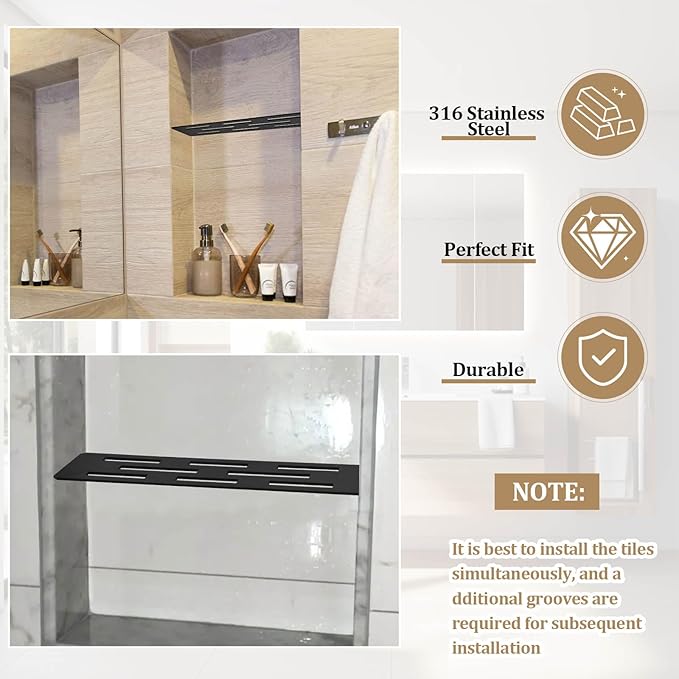 12 Inch Shower Niche Shelf Powder Coated 316 Stainless Steel Tile Insert | Rectangular Shelf for 12 Inch Tile Prefabricated Niches, Fits 1/8 Inch Grout Lines, Shower Niche Insert Powder Coated Finish