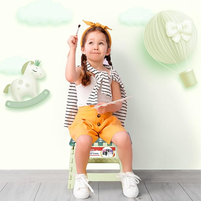 Folding Step Stool 9 Inch for Kids, 300 lbs, Bicolor Green | Lightweight Plastic Small Foldable Step Stool with Handle, Non-Slip, for Kitchen, Bathroom, Bedroom and Closet