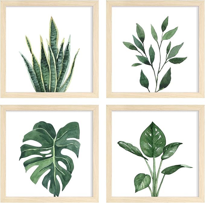 ArtbyHannah Framed Bathroom Wall Art Decor, 10"x10" Botanical Artwork Beige | 4 Pack Gallery Wall Frame Set Modern Farmhouse Sage Green Prints Pictures Art for Spa,Bedroom,Office Decor