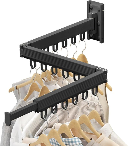 Wall Mounted Foldable Clothes Drying Rack, Heavy Duty 3-Fold Laundry Airer with Ring Hook Design, Space Saving Aluminum Rack for Balcony Bathroom Laundry Room,Black Rings